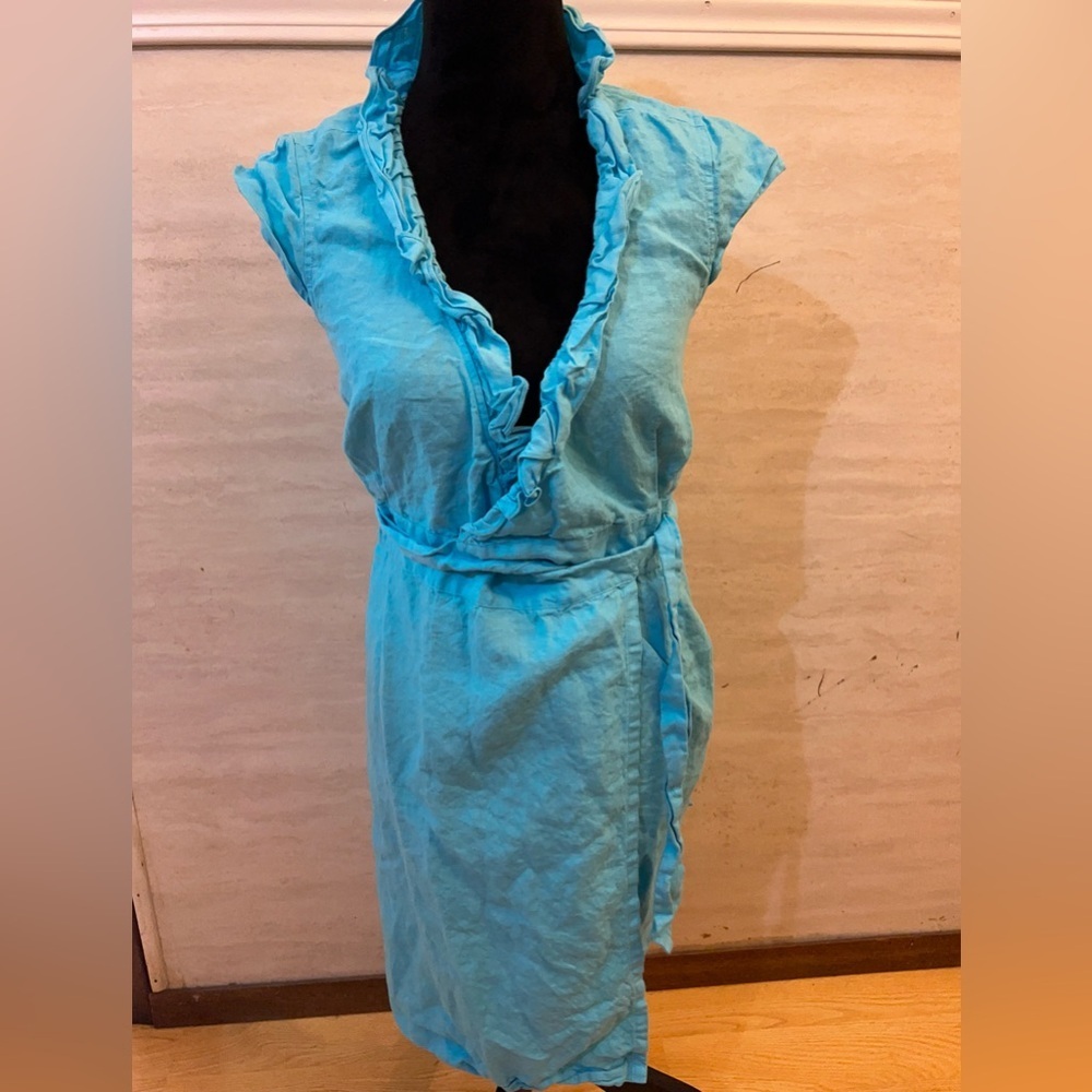 J. Crew Linen Ruffled V-Neck Wrap Dress in Aqua Blue